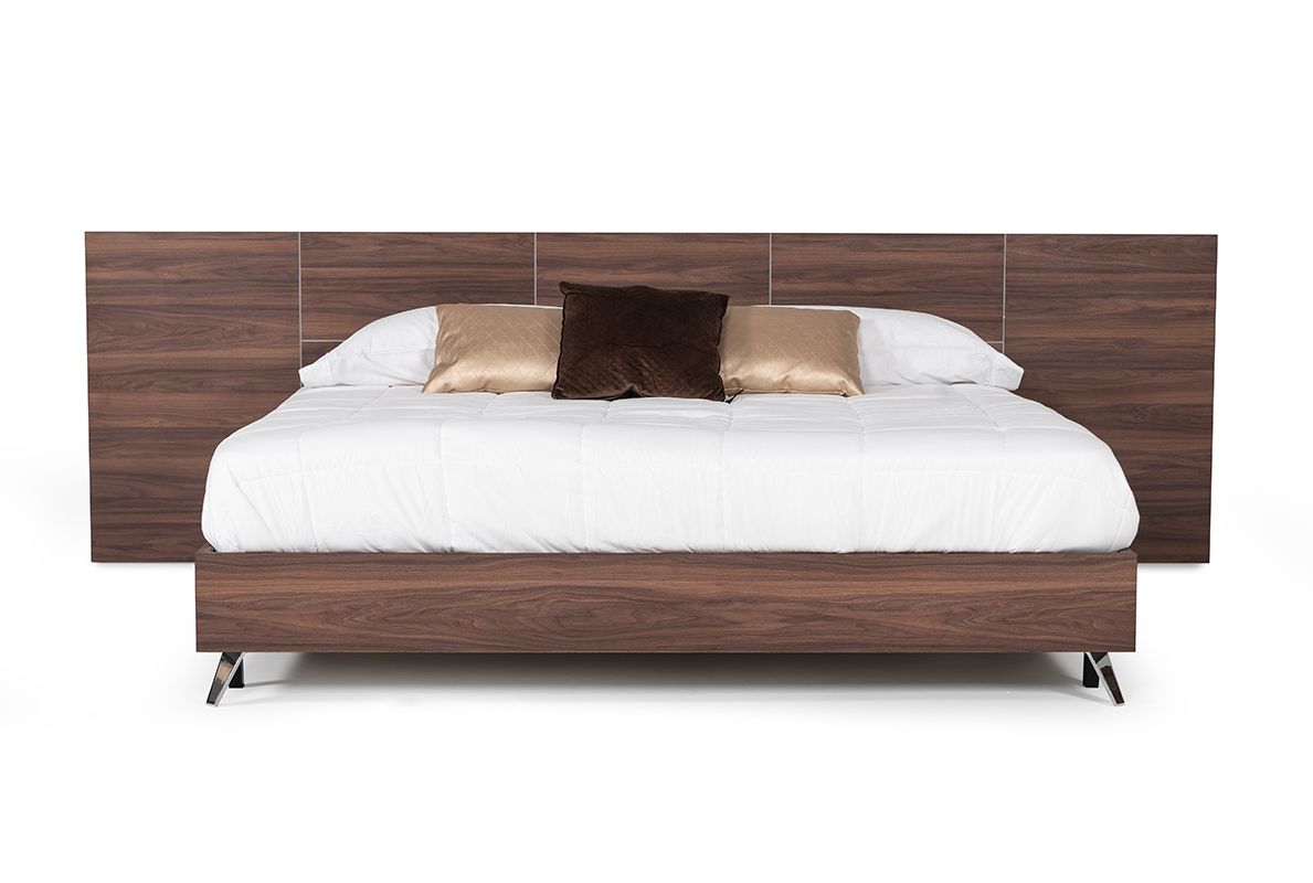 Brooklyn Italian Walnut Platform Bed with Elongated Headboard and Stainless Steel Legs