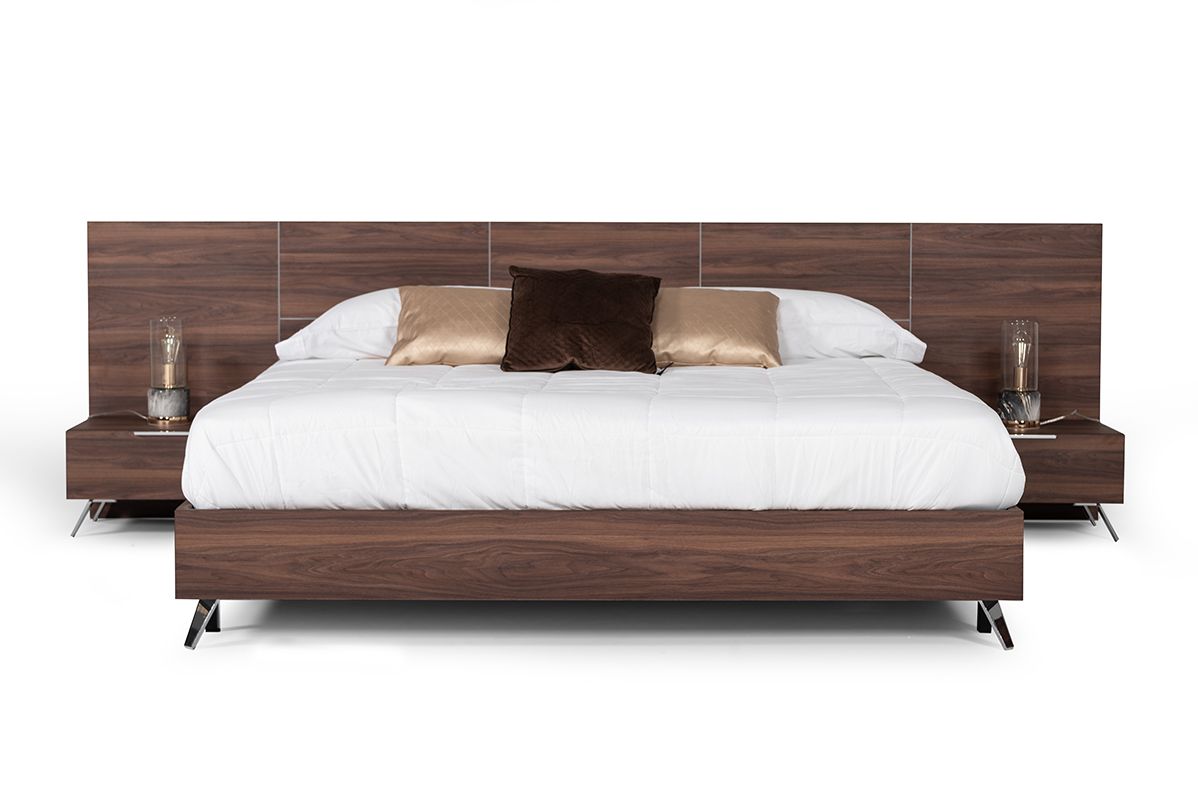 Brooklyn Italian Walnut Platform Bed with Elongated Headboard and Stainless Steel Legs