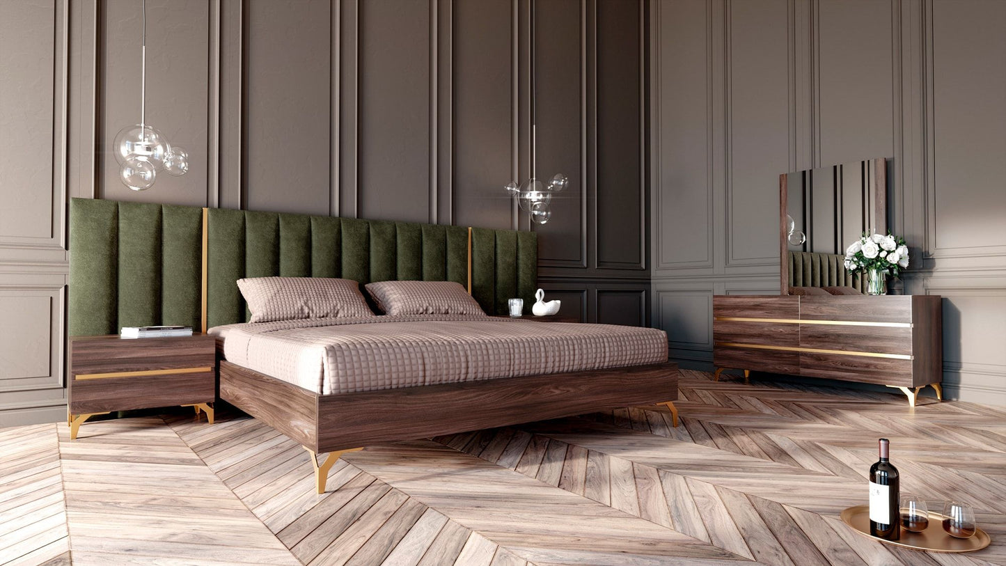 Nova Domus Calabria Modern Walnut & Green Velvet Bed & Nightstands