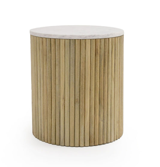 Modrest Cambridge White Marble & Mango Round End Table – Elegant Modern Accent Piece