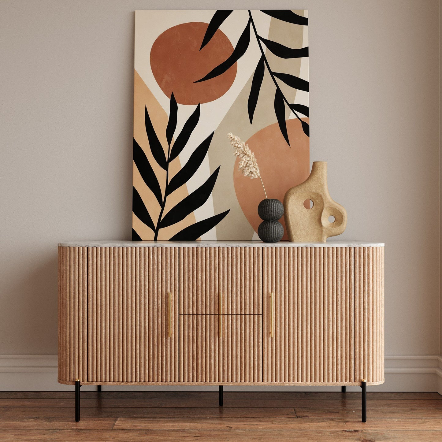 Modrest Cambridge Buffet – Modern White Marble Top with Warm Mango Wood Base