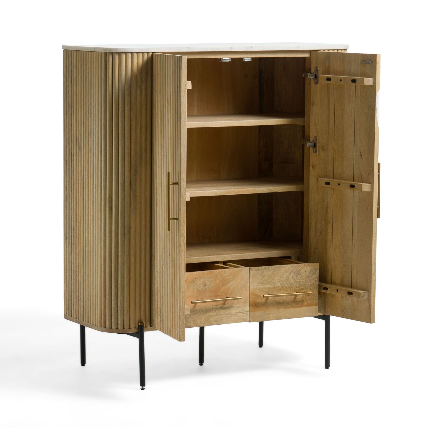 Modrest Cambridge Tall Buffet – Modern White Marble Top with Mango Wood Cabinet Design