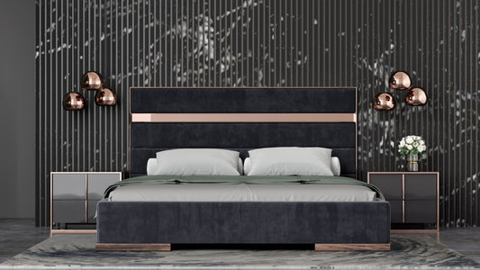 Nova Domus Cartier - Modern Black + Rose Gold Bed + Nightstands