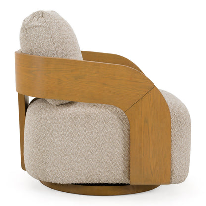 Caruso Modern Beige Fabric and Natural Oak Swivel Accent Chair