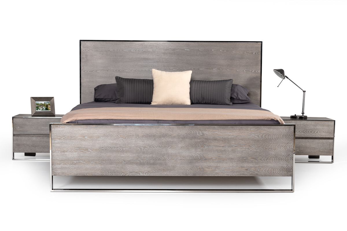 Modrest Charlene Modern Grey Elm & Stainless Steel Bedroom Set