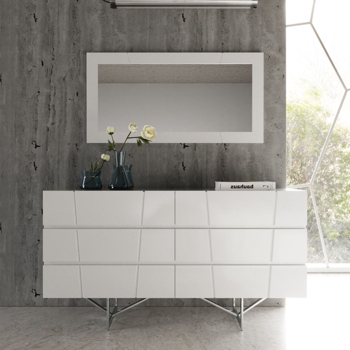 Chrysler White High Gloss 6‑Drawer Dresser with Polished Stainless Steel Leg