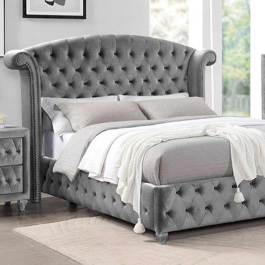 Zohar Glam Velvet Solid Wood Crystal Acrylic Buttons Upholstered Bed