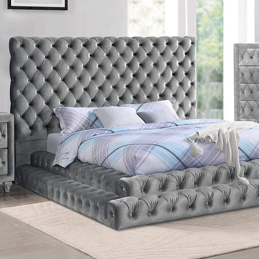 Stefania Glam Velvet Solid Wood Crystal Acrylic Buttons Upholstered Bed