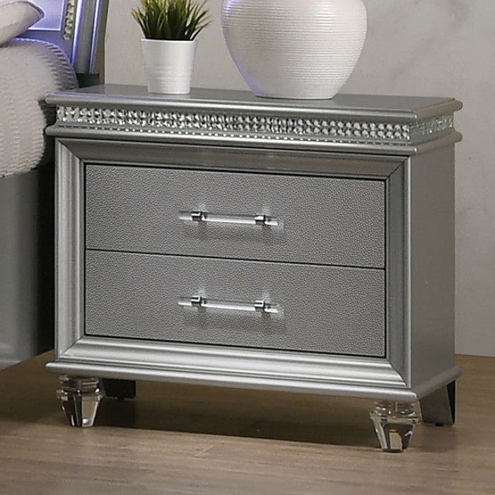 Maddie Contemporary Crystal Mirror Accent Silver Nightstand
