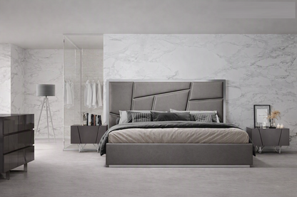 Chrysler Grey Bedroom Set – Bonded Leather Bed with Polished Stainless Steel Accents and Case Goods