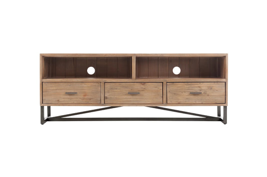 Sierra Elegant TV Console in Dry Sand Finish – Crafted with Reclaimed Pine, Featuring Metal Legs and 3 Spacious Drawers for Stylish Storage