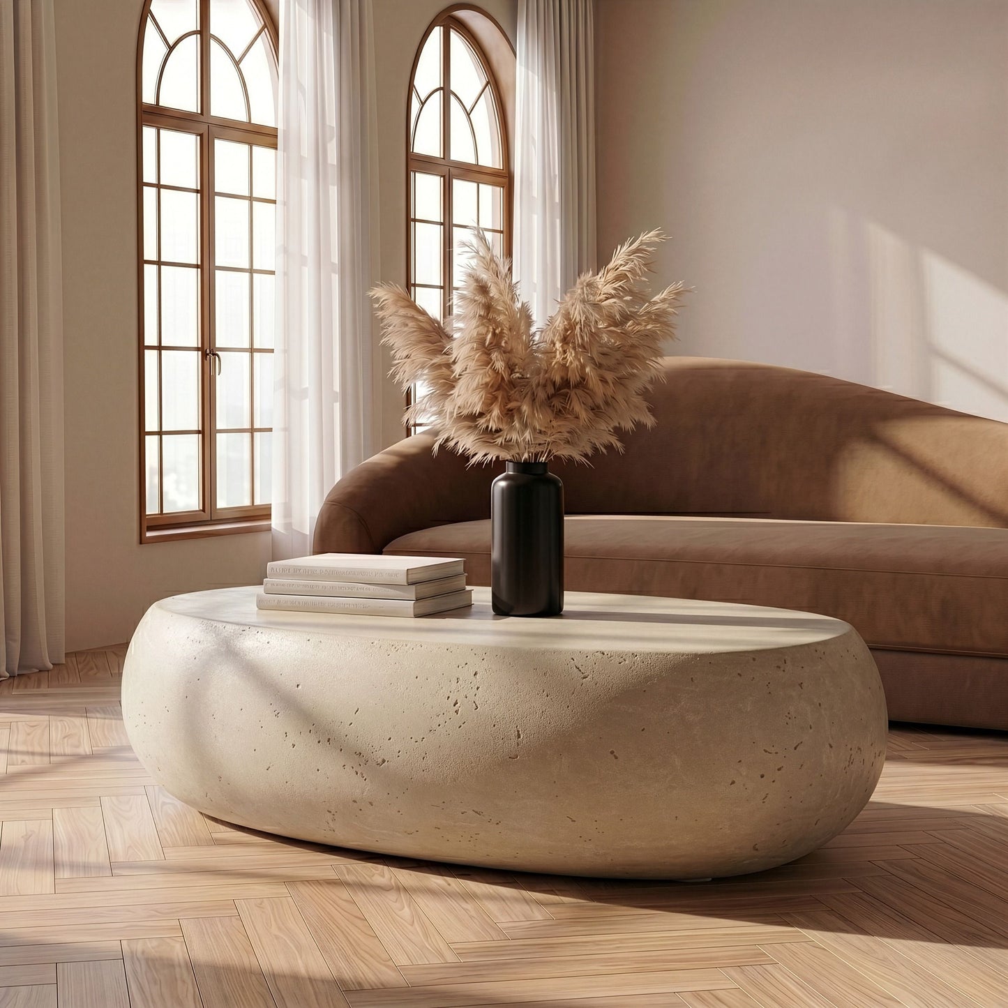 Denny Modern Beige Fiberform Oval Coffee Table
