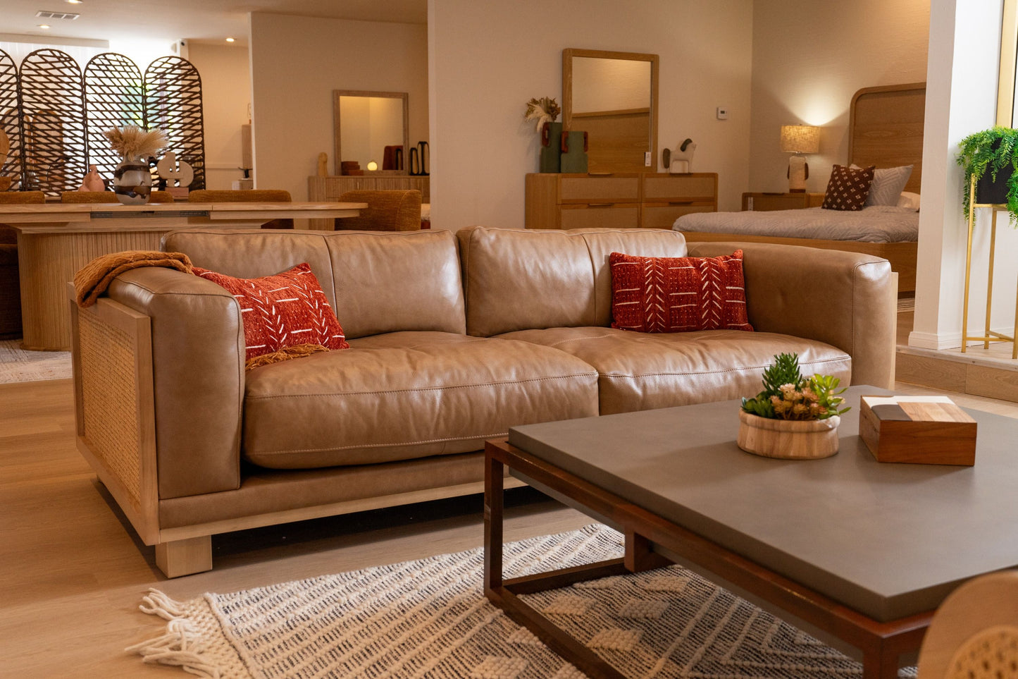 Divani Casa Danson Modern Tan Leather & Wicker Sofa - Stylish and Comfortable Seating for Your Living Room