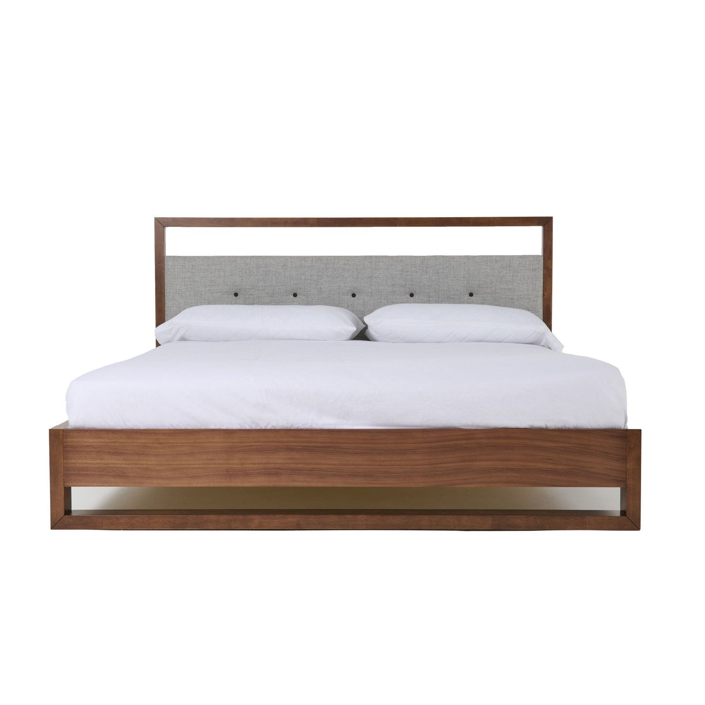 Falcor Grey Fabric and Walnut Platform Bed – Upholstered Headboard with Slatted Support
