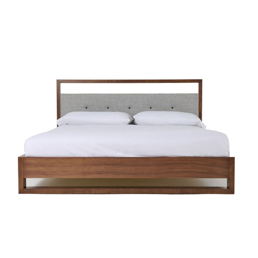Falcor Grey Fabric and Walnut Platform Bed – Upholstered Headboard with Slatted Support