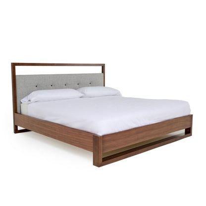 Falcor Grey Fabric and Walnut Platform Bed – Upholstered Headboard with Slatted Support