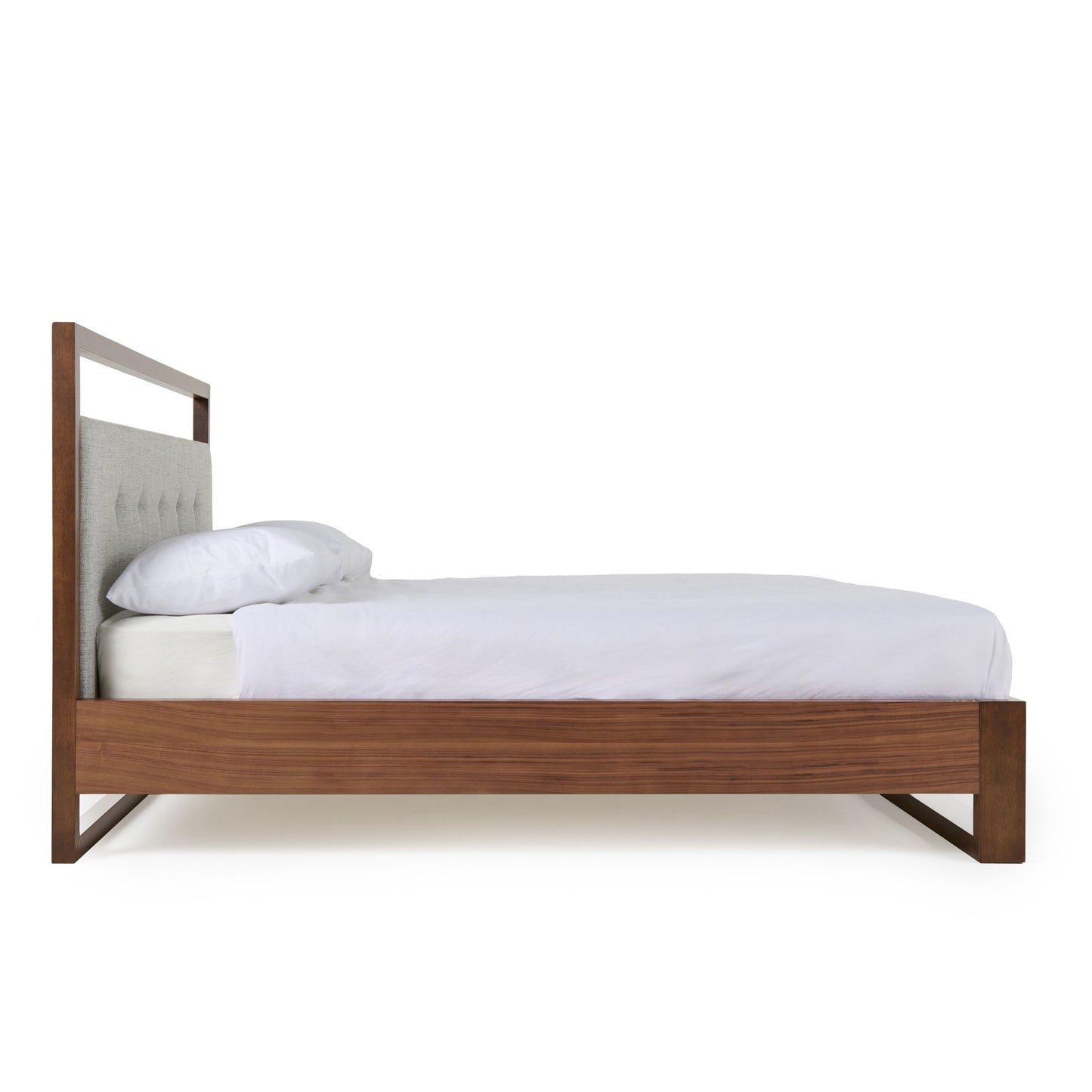 Falcor Grey Fabric and Walnut Platform Bed – Upholstered Headboard with Slatted Support