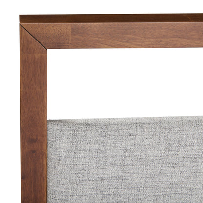 Falcor Grey Fabric and Walnut Platform Bed – Upholstered Headboard with Slatted Support