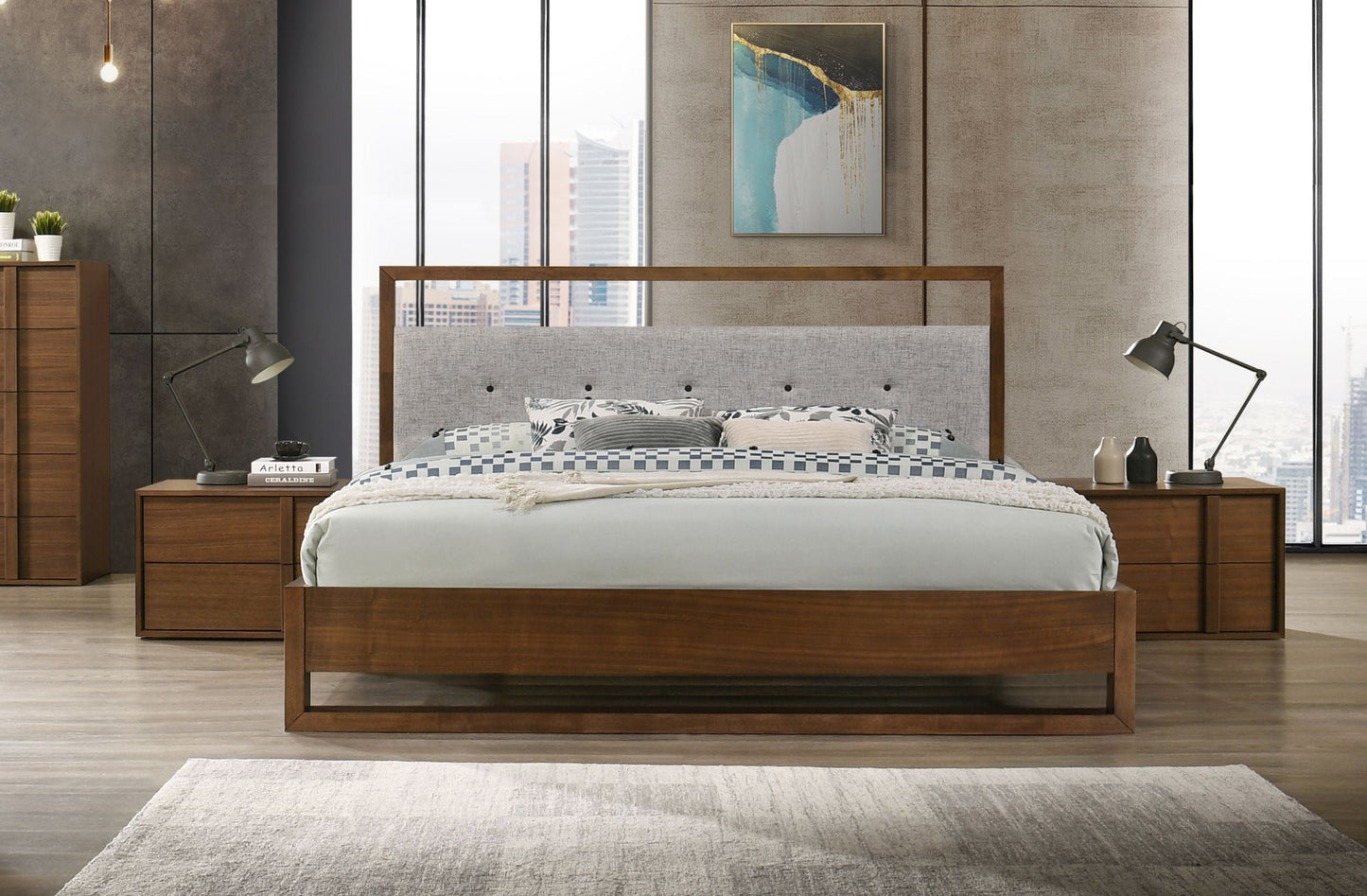 Falcor Grey Fabric and Walnut Platform Bed – Upholstered Headboard with Slatted Support