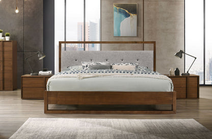 Falcor Grey Fabric and Walnut Platform Bed – Upholstered Headboard with Slatted Support