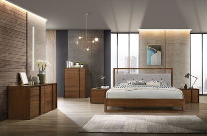 Falcor Grey Fabric and Walnut Platform Bed – Upholstered Headboard with Slatted Support