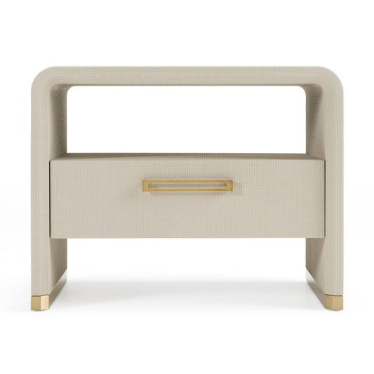 Modrest Florence Modern Beige Shagreen and Gold Nightstand - Elegant Nightstand for Luxury Bedroom Decor