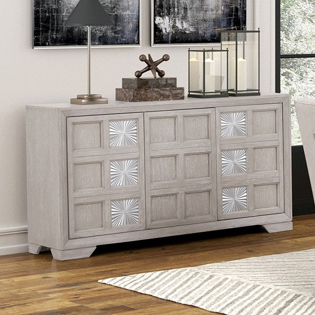 Argenthart Transitional Light Gray Server with Sunburst Pattern and Tempered Glass Top