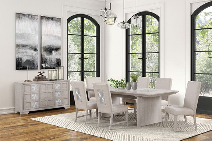 Argenthart Transitional Light Gray Dining Table with Extendable Leaf and Tempered Glass Top