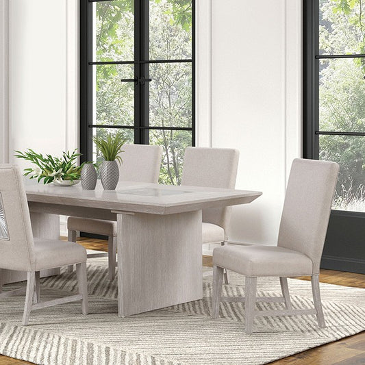 Argenthart Transitional Light Gray Dining Table with Extendable Leaf and Tempered Glass Top