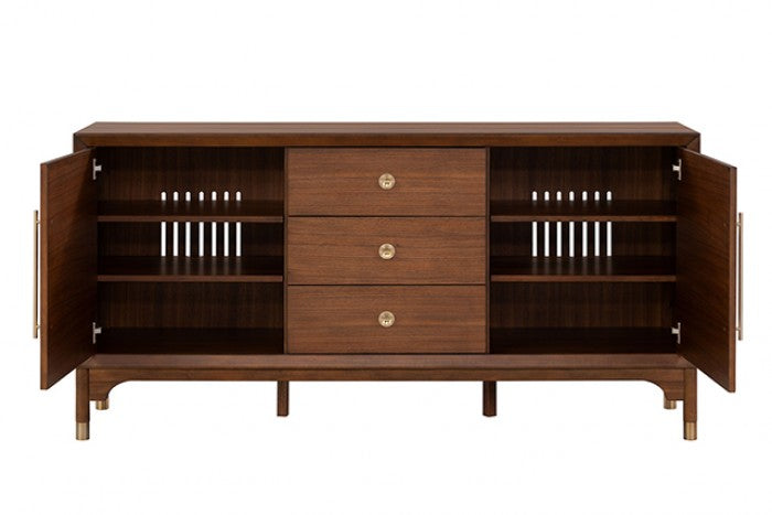 Hepburne Walnut Wood Server with Gold‑Capped Legs