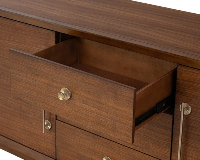 Hepburne Walnut Wood Server with Gold‑Capped Legs