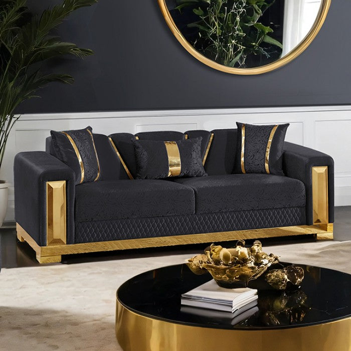 Valdosta Black/Gold Soft Curved Track Arms Sofa