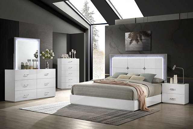 Shotolm Contemporary Rhinestone White LED Headboard Mirror Bed