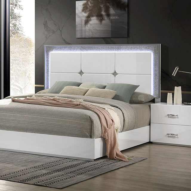 Shotolm Contemporary Rhinestone White LED Headboard Mirror Bed