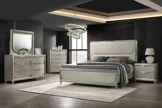 Sheridan Contemporary Silver Bed with LED Lighting, Beveled Mirror, and Jewelry Drawer