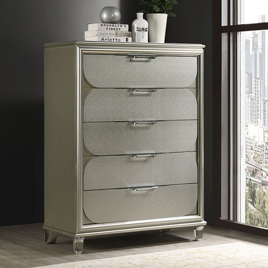 Sheridan Contemporary Silver Chest with Embossed Panels, Acrylic Handles, and Felt-Lined Drawer