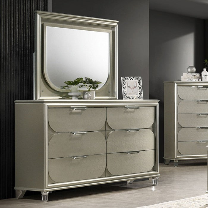 Sheridan Contemporary Silver Dresser with Embossed Panels, Acrylic Handles, and Jewelry Drawer