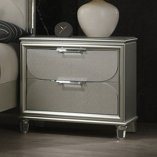 Sheridan Contemporary Silver Nightstand with Embossed Panels, Acrylic Handles, and Felt-Lined Drawer