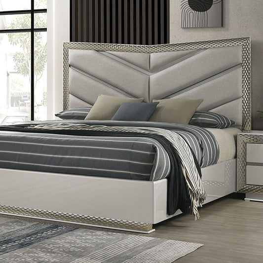 Ventnor Glam Gray Satin Fabric Bed with Chevron Headboard, LED Lighting, and Silver Molding