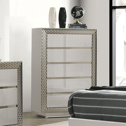 Ventnor Glam Gray Satin Fabric Chest with Felt-Lined Drawer, Glass Shelf, and Silver Molding