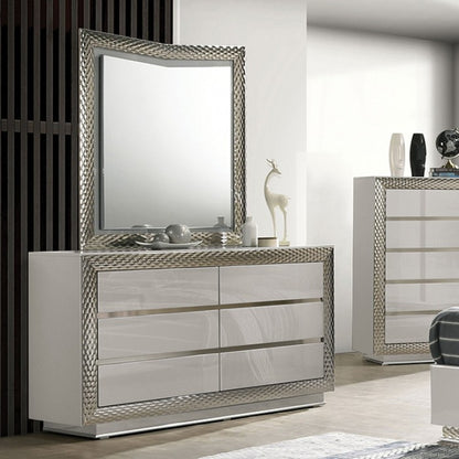 Ventnor Glam Gray Satin Fabric Dresser with Felt-Lined Drawer, Glass Shelf, and Silver Molding