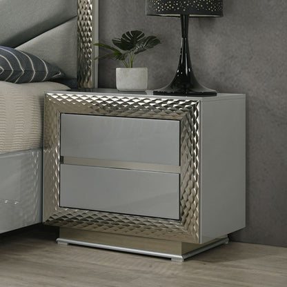 Ventnor Glam Gray Satin Fabric Nightstand with Felt-Lined Drawer, Glass Shelf, and Silver Molding