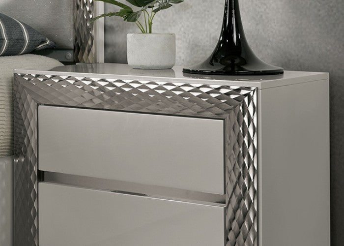 Ventnor Glam Gray Satin Fabric Nightstand with Felt-Lined Drawer, Glass Shelf, and Silver Molding