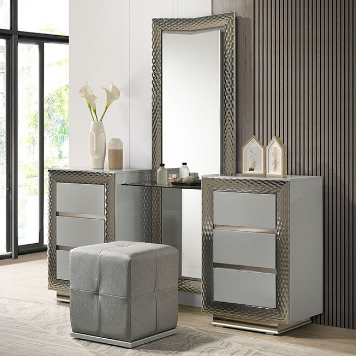 Ventnor Glam Gray Satin Fabric Vanity Set with LED Lighting, Chevron Headboard, and Glass Shelf