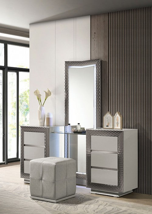 Ventnor Glam Gray Satin Fabric Vanity Set with LED Lighting, Chevron Headboard, and Glass Shelf