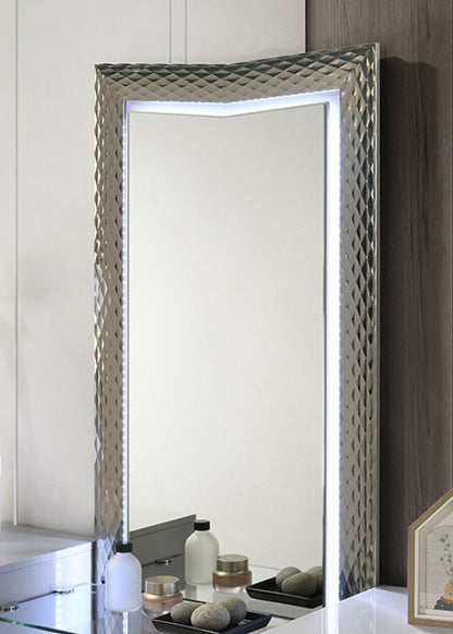 Ventnor Glam Gray Satin Fabric Vanity Set with LED Lighting, Chevron Headboard, and Glass Shelf