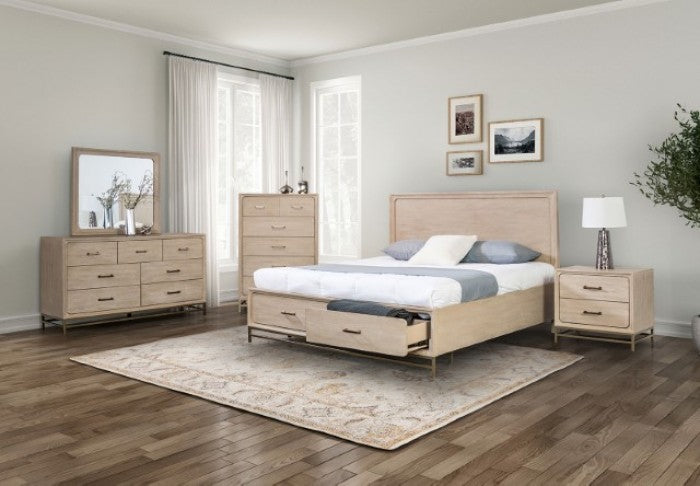 Sandnes Light Oak Night Stand with Metal Legs and Gold Bar Pulls