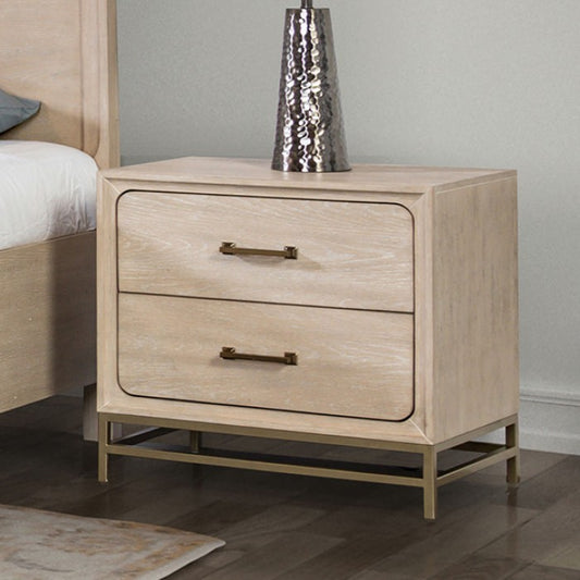 Sandnes Light Oak Night Stand with Metal Legs and Gold Bar Pulls