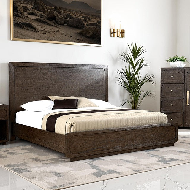 Vellara Dark Walnut Panel Bed with Warm LED Lighting