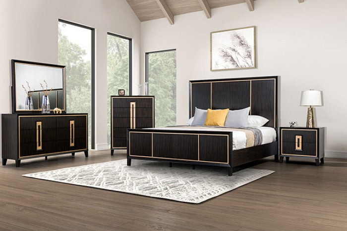 Kenyada Espresso Panel Bed with Gold Accent Trim